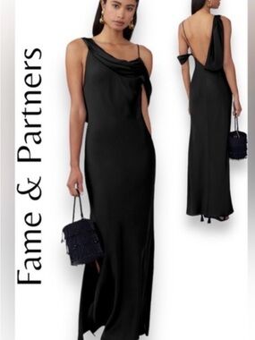 Fame and Partners Black Cowl-Back Satin Evening Gown
